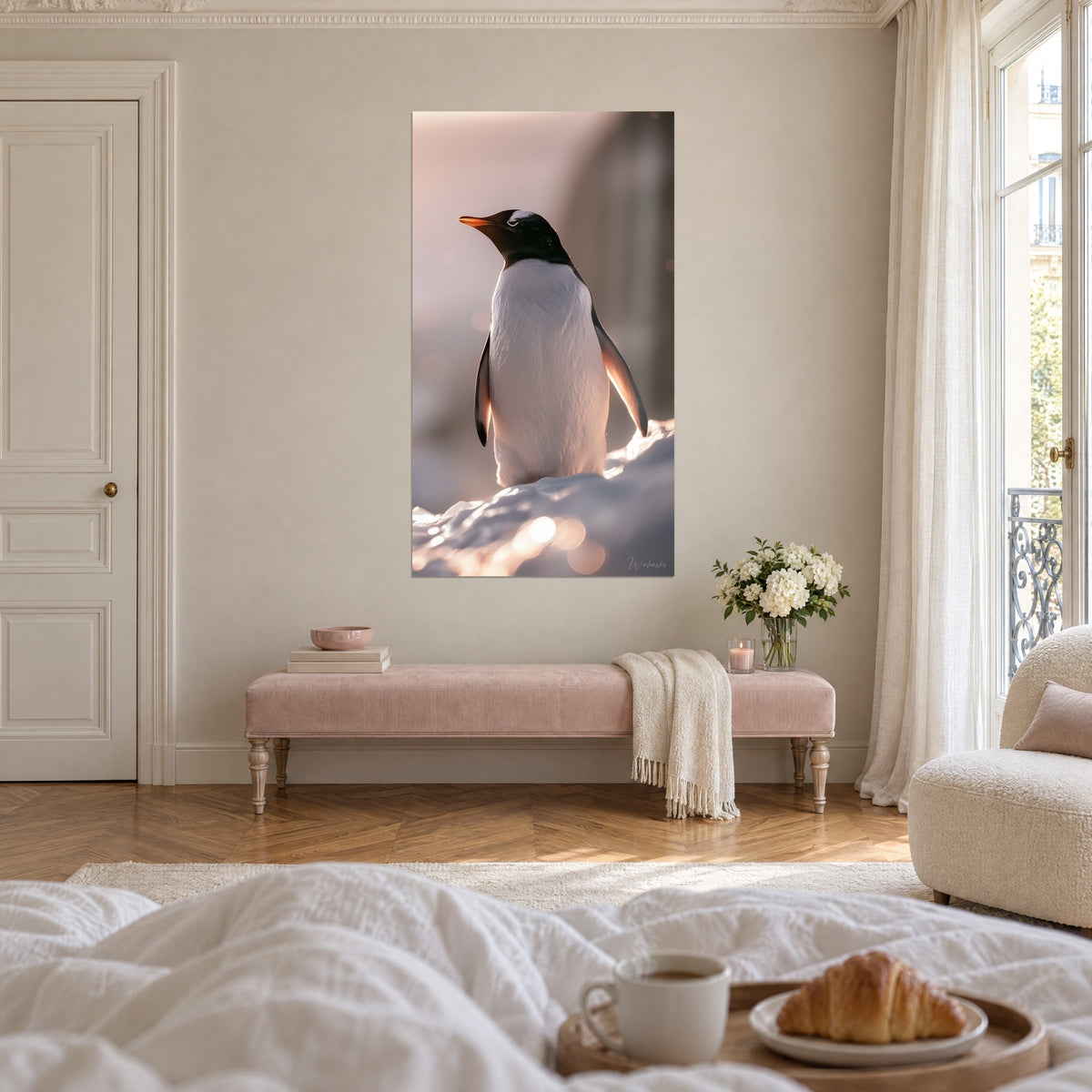 Cuadro ave palmípeda antártica, plumaje blanco y negro, pico anaranjado, nieve dorada, pequeño banco rosa pálido, encima de una cama en un dormitorio luminoso