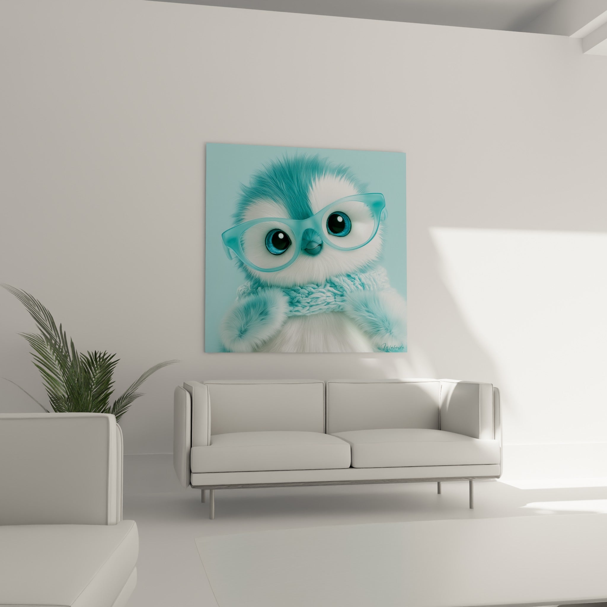 Petit Pingouin duveteux turquoise et blanc, lunettes rondes, au-dessus d'un canapé dans un salon lumineux