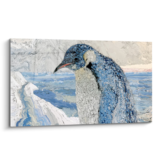 Pingouin bleu ardoise et blanc, tête baissée, texture mosaïque sur fond de banquise glacée