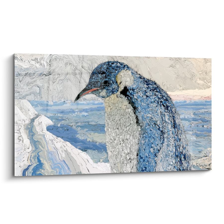 Dipinto Pinguino blu e bianco con becco arancione inclinato - Texture scagliosa a mosaico - Edizione Pinguino