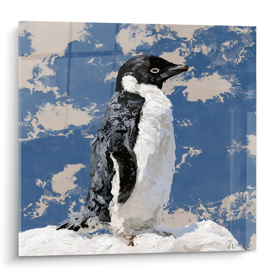 Pingouin noir et blanc peint à l'huile sur fond bleu ciel et écru, bec orangé tourné vers la droite