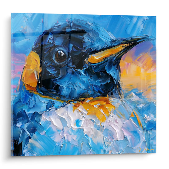 Pingouin au regard intense, plumage bleu et blanc, bec orange vif, empâtements épais au couteau