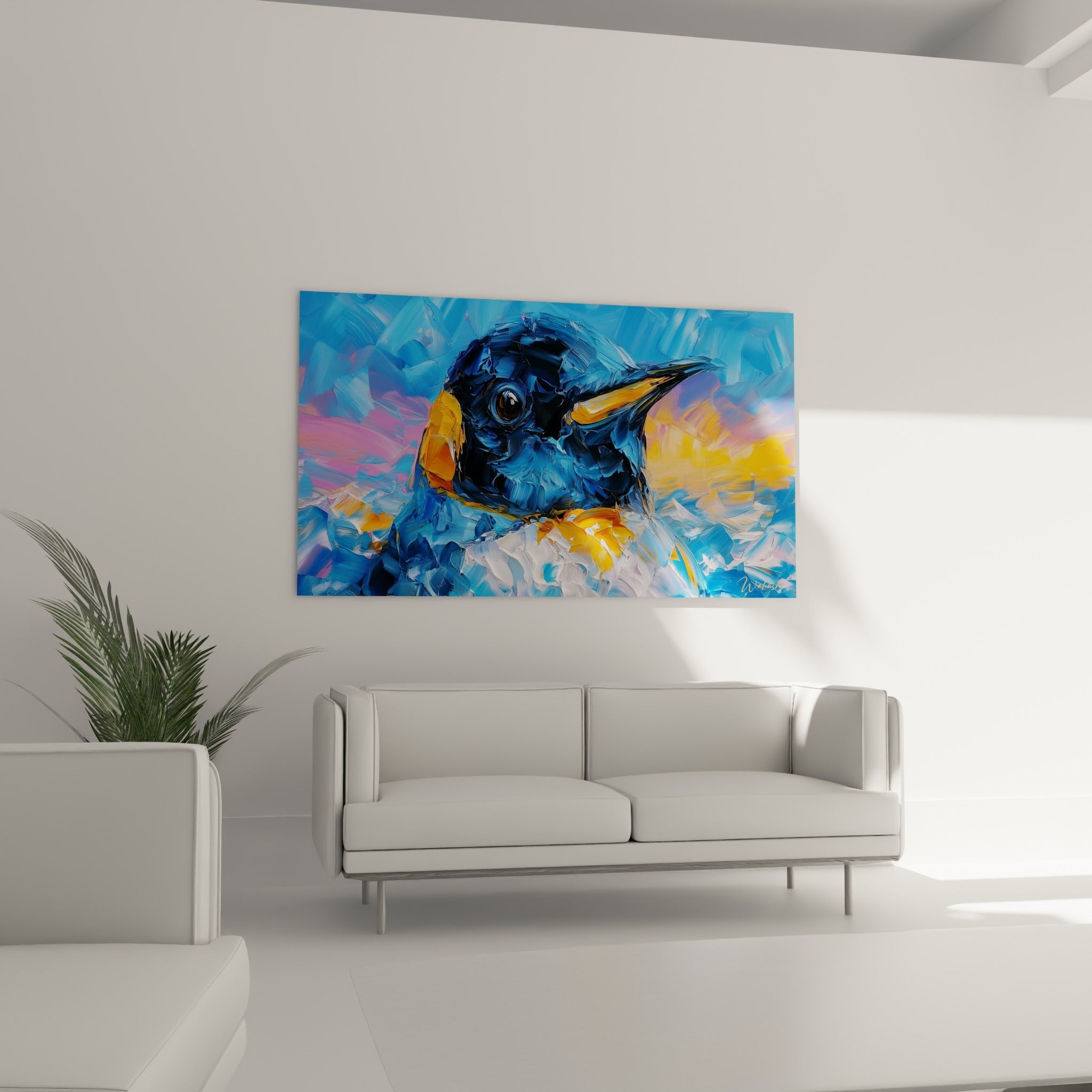 Bec orangé d'un pingouin bleu ciel et anthracite au-dessus d'un canapé dans un salon lumineux
