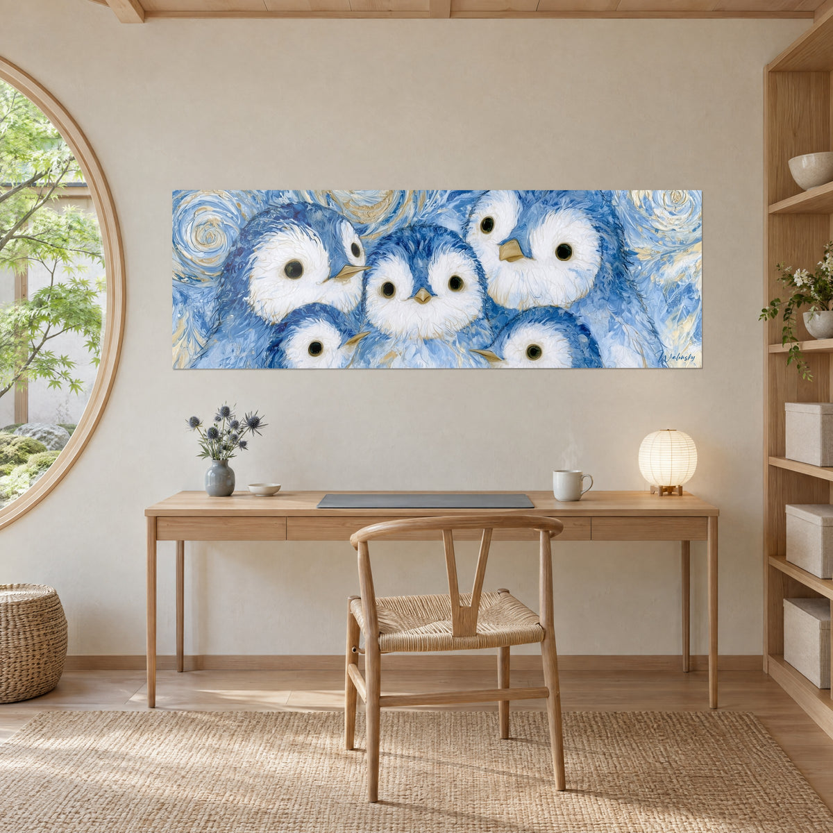 Tableau oisillons bleus à ventre blanc entourés de spirales dorées, au-dessus d'un bureau en bois clair et d'une chaise