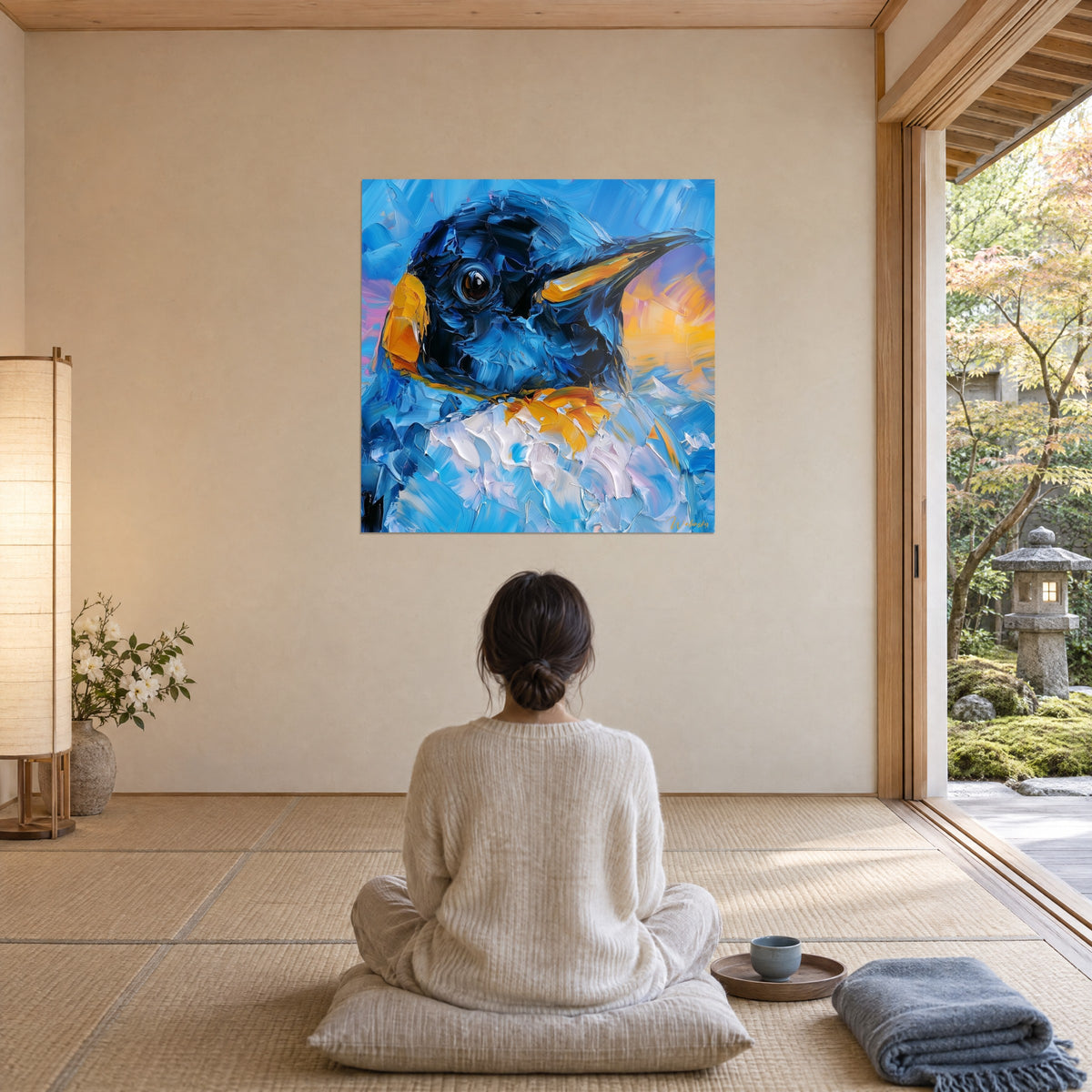 Tableau pingouin aux coups de spatule bleu turquoise et jaune miel, regardé par une femme de dos assise sur un coussin, tatami et jardin zen