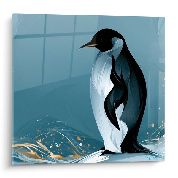 Tableau Manchot noir et blanc aux vagues dorées - Dérive glacée - Edition Pingouin