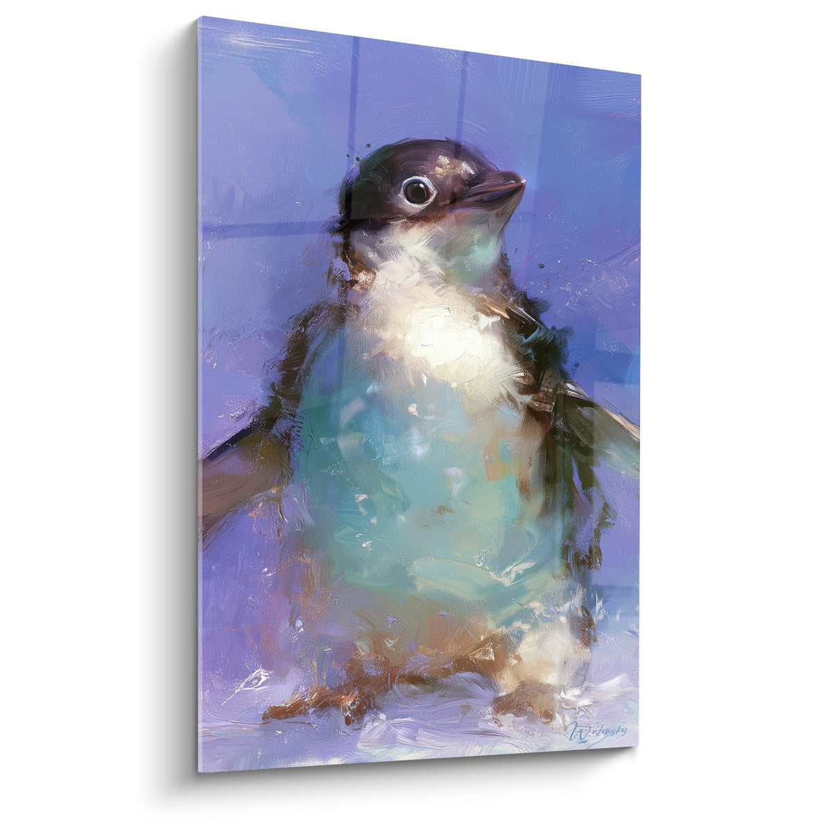 Pingouin ivoire et bleu lavande peint à l'huile, regard curieux, debout sur la neige blanche