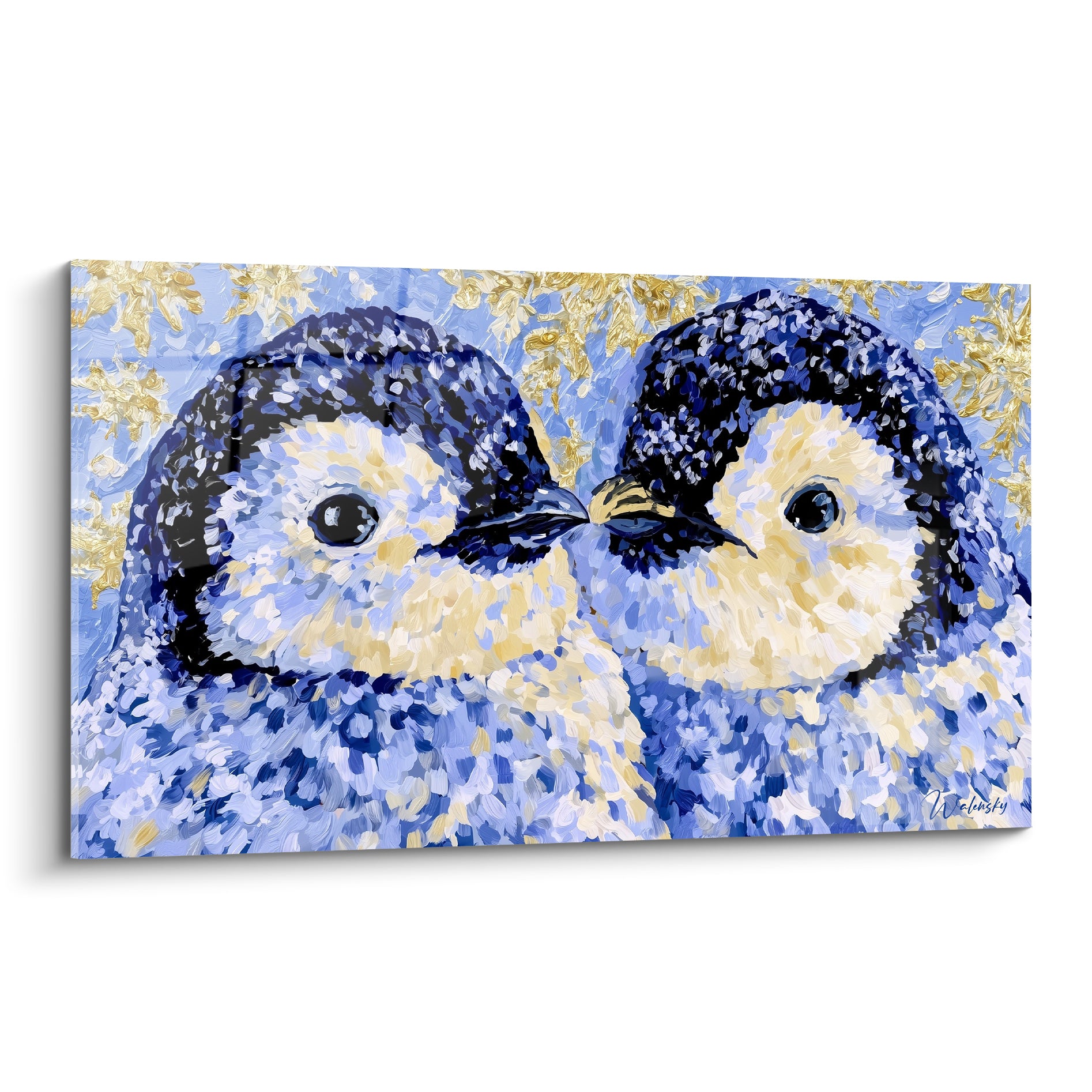Pingouins bleu marine et doré museau contre museau, plumage texturé en touches épaisses