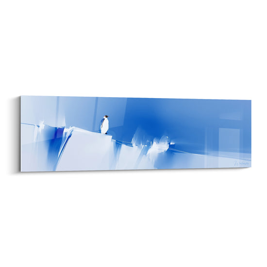 Pingouin blanc et noir debout sur relief glacé bleu marine, style graphique épuré et lumineux