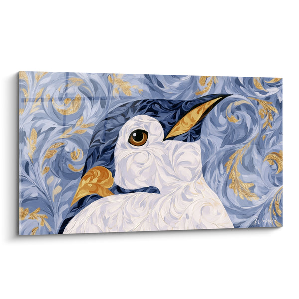 Tableau Pingouin blanc aux volutes bleu et or - Élégance glaciale - Edition Pingouin