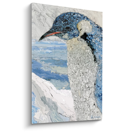 Tableau Manchot bleu et blanc au bec corail - Texture craquelée marbrée - Edition Pingouin