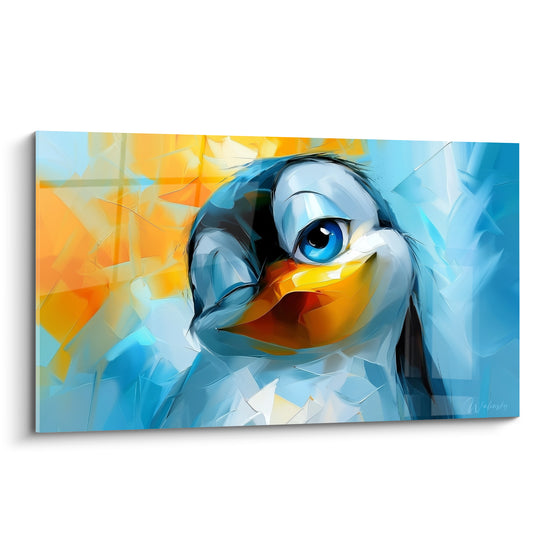 Pingouin en portrait rapproché, plumage bleu marine et bec orange vif, style pictural fragmenté