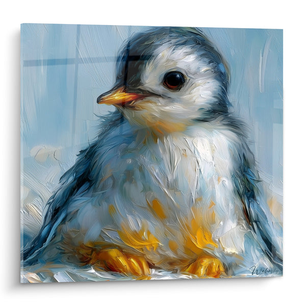 Tableau Bébé pingouin duveteux bleu et doré - Tendresse hivernale - Edition Pingouin
