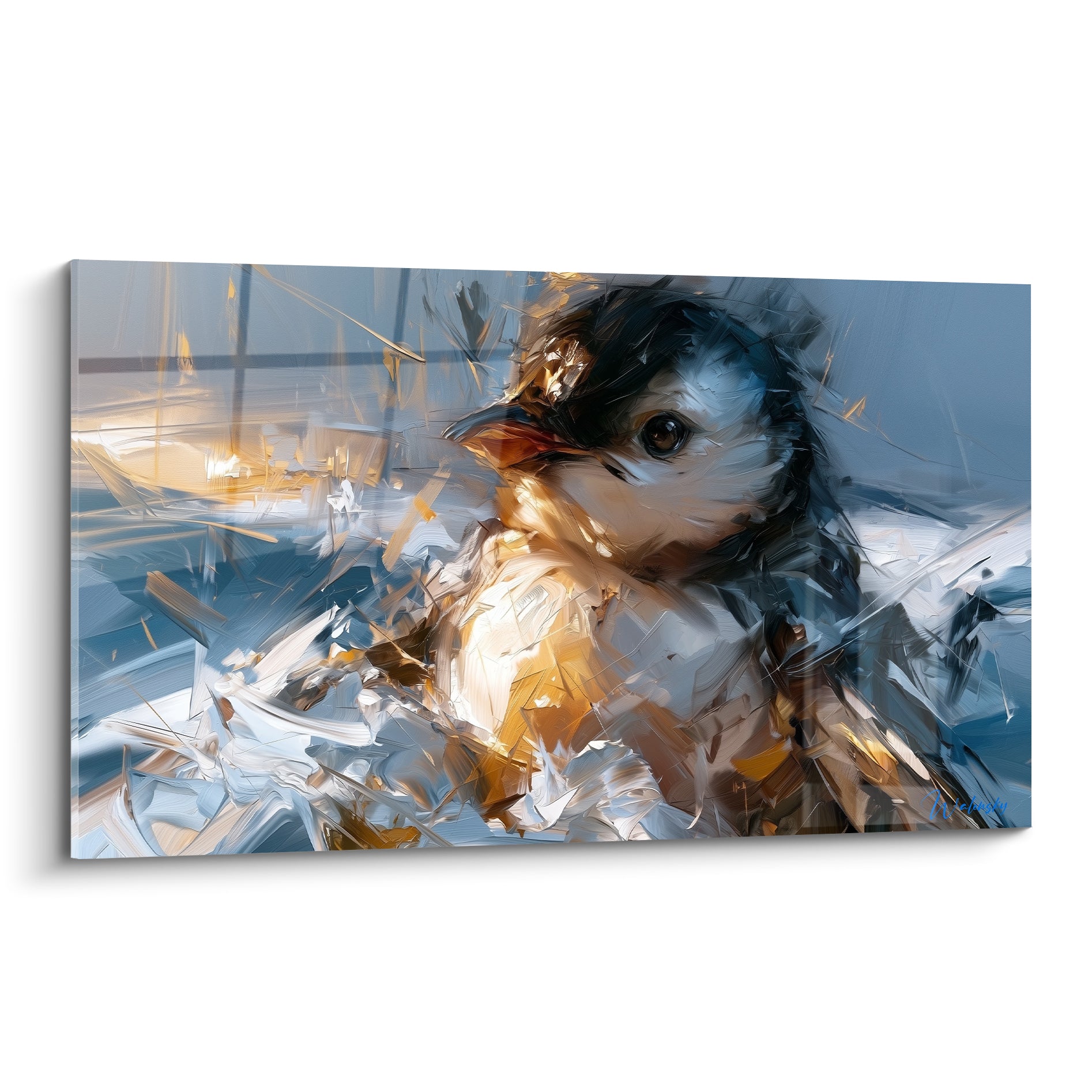 Pingouin duveteux peint en bleu marine et doré, empâtements expressifs sur fond glacé abstrait