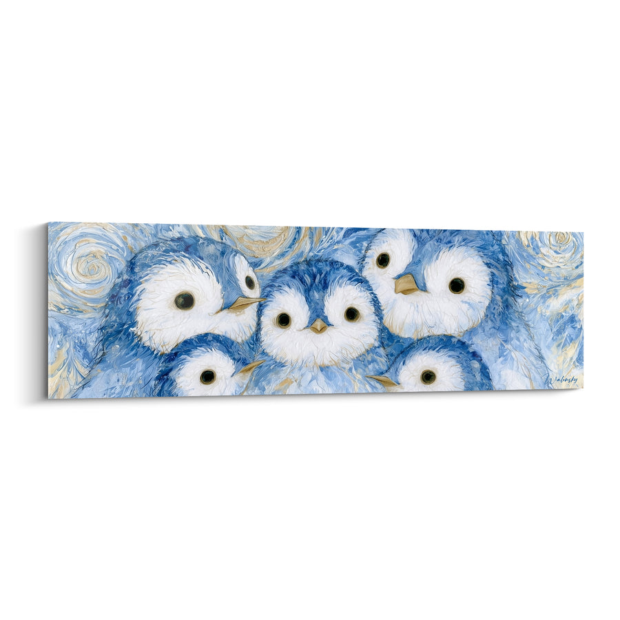 Tableau Pingouins bleus aux tourbillons dorés - Nichée étoilée - Edition Pingouin