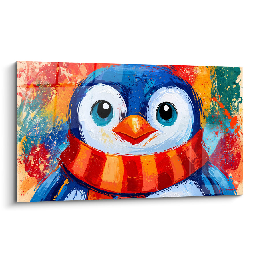 Quadri di Pinguino Blu e Rosso con Scarfetta a Righe - Sorriso Radioso - Edizione Pinguino