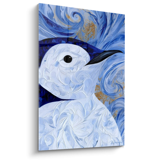 Pingouin blanc au capuchon bleu marine, plumage texturé et volutes dorées en arrière-plan