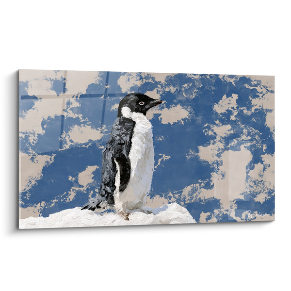 Schwarz-weißes Pinguinbild mit blauem Marmorfond - Polare Wachsamkeit - Pinguin-Edition
