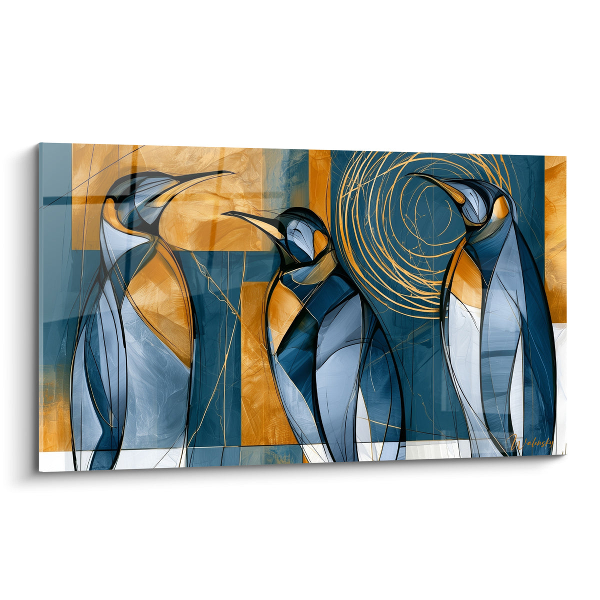 Trois pingouins bleu marine et ocre aux formes géométriques tranchées, tourbillon doré en arrière-plan.