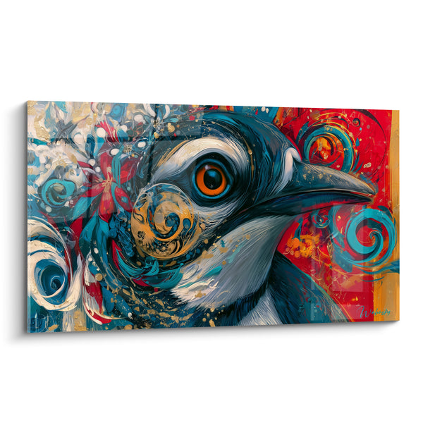 Tableau Pingouin bleu et rouge aux volutes dorées - Éveil flamboyant - Edition Pingouin