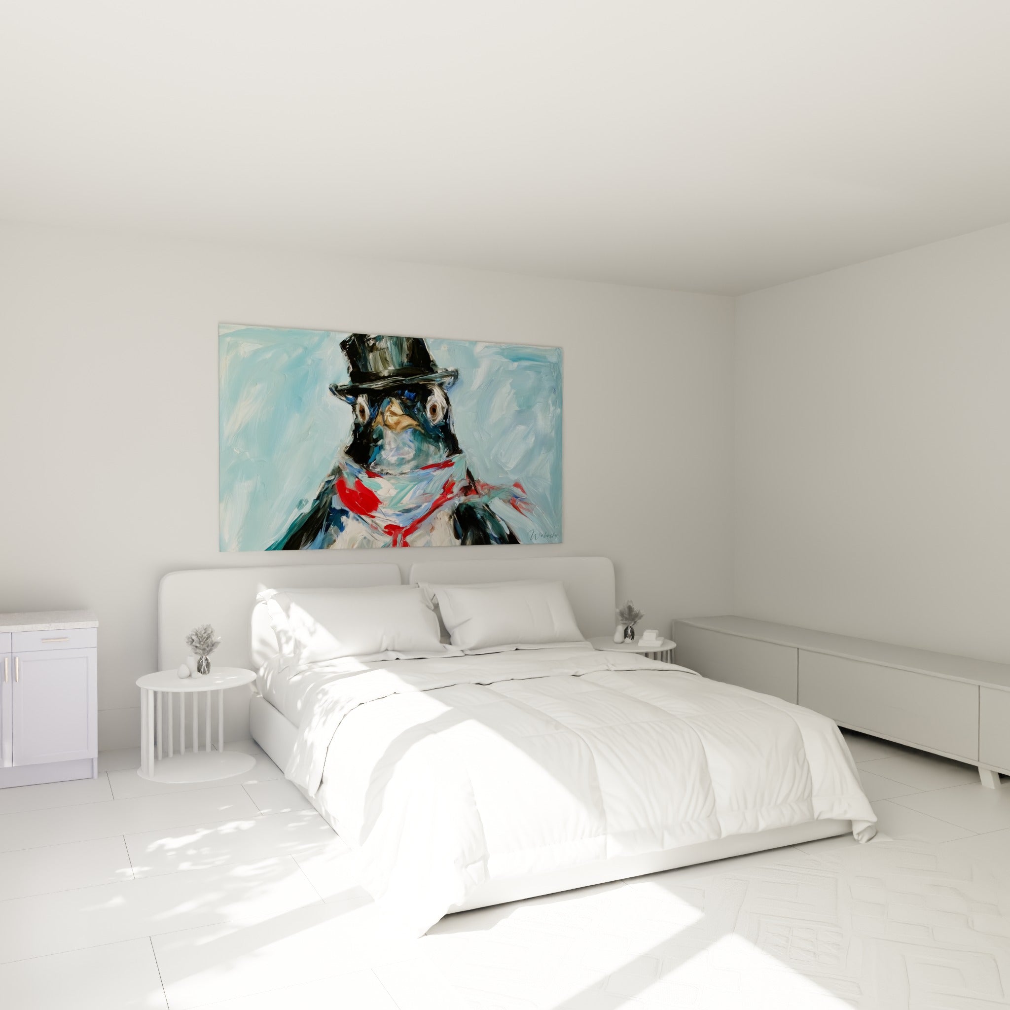 Portrait de Pingouin en bleu marine et rouge accroché au-dessus d'un lit dans une chambre claire