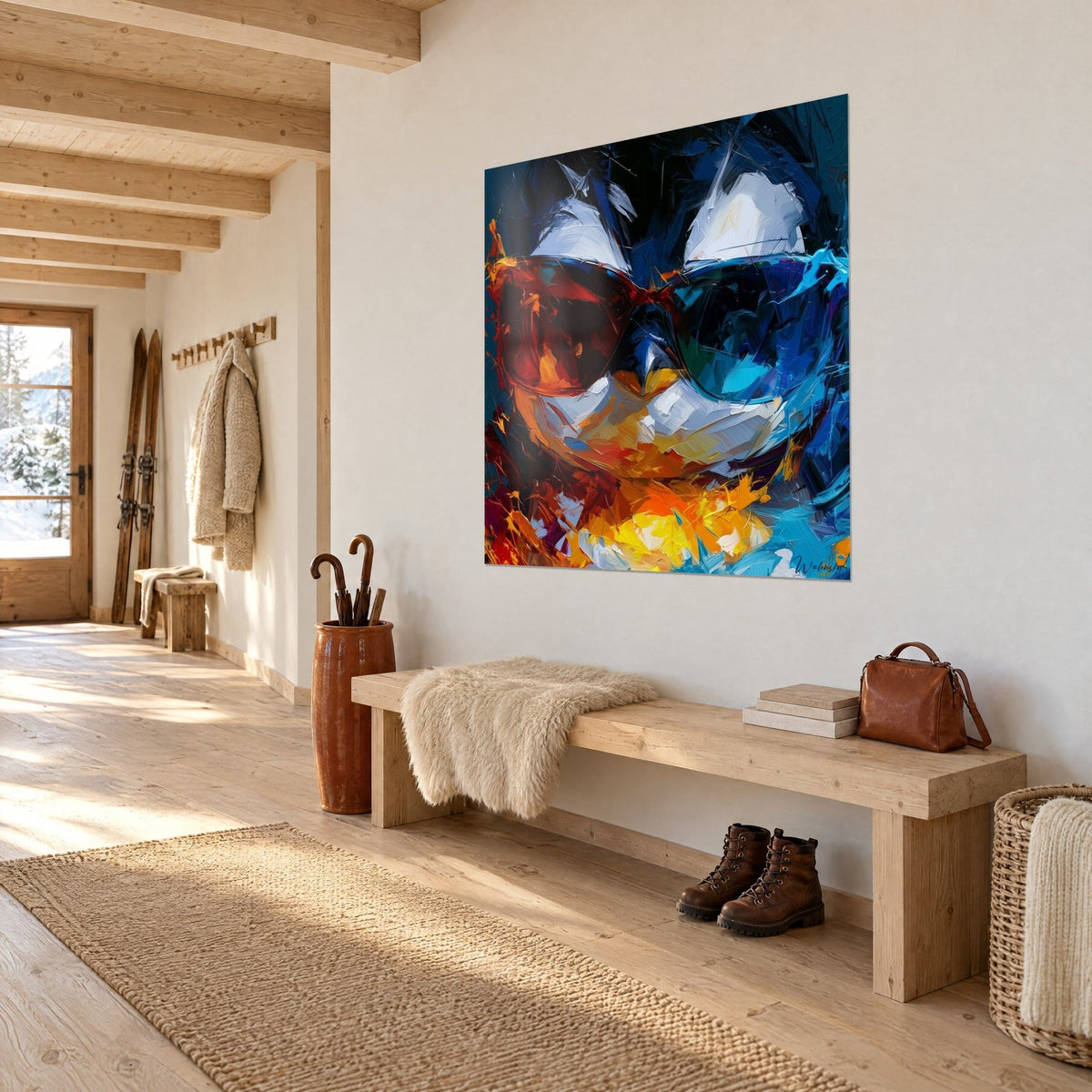 Tableau oiseau marin en lunettes de soleil, bec bleu et poitrail blanc crème, toile vue de biais au-dessus d'un banc de bois dans une entrée de chalet