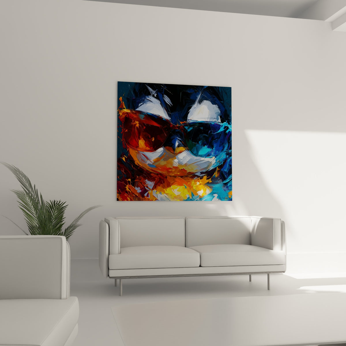 Lunettes reflétant orange et bleu sur ce pingouin peint, suspendu au-dessus d'un canapé dans un salon lumineux
