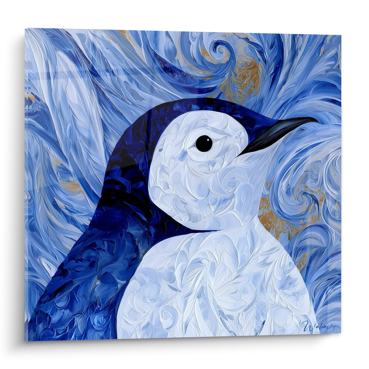 Pingouin bleu marine et blanc au regard perçant, plumage texturé en volutes tourbillonnantes dorées