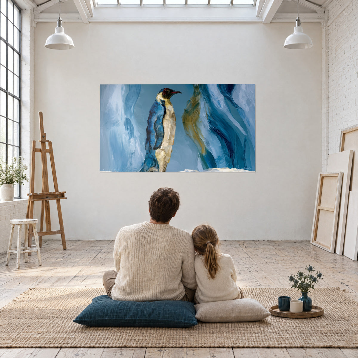 Schilderij keizerspinguïn geschilderd met een palet, petroleumblauw en zandgeel, twee personen van achteren gezeten in een lichte atelier