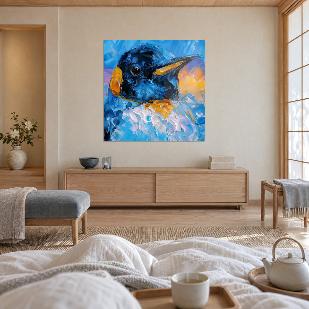 Tableau volatile aux plumes bleu roi et poitrail blanc nacré, bec ambré en relief, vu par un couple de dos au-dessus d'un lit dans une chambre claire
