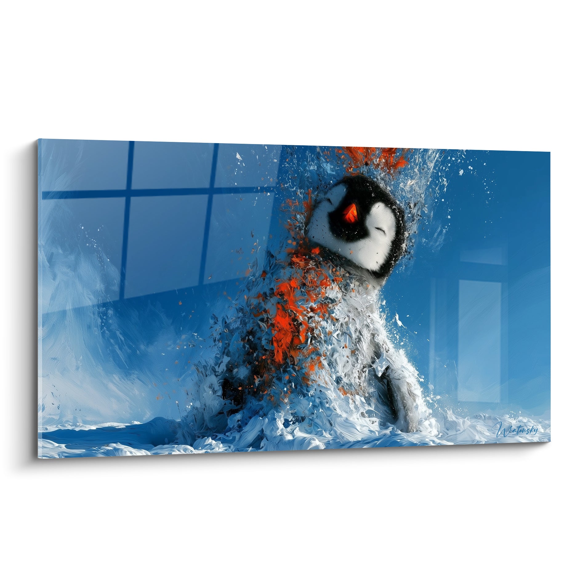 Pingouin noir et blanc éclaté avec touches orange sur fond bleu profond, style pictural explosif
