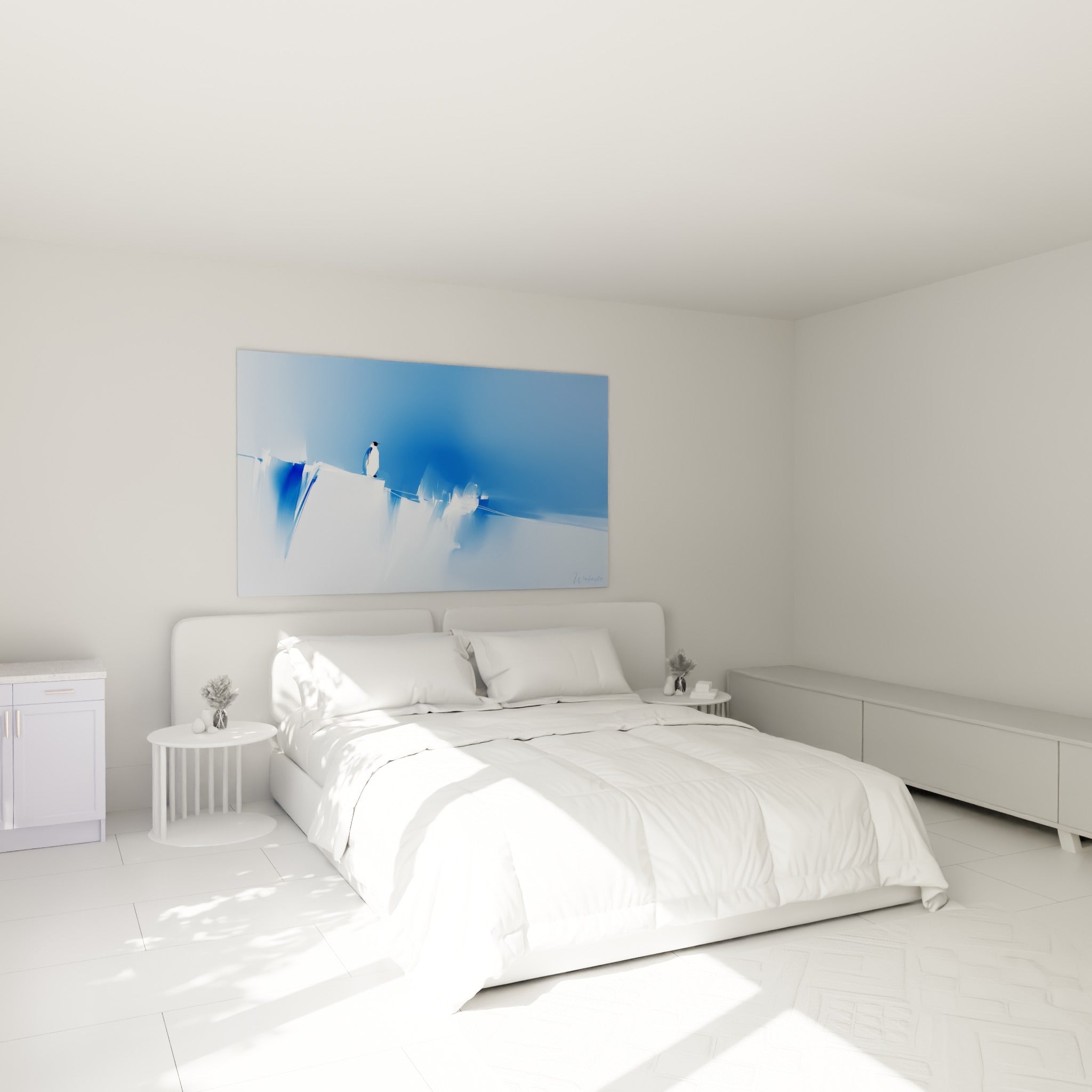 Silhouette de pingouin sur glace bleue et blanche, au-dessus d'un lit dans une chambre claire