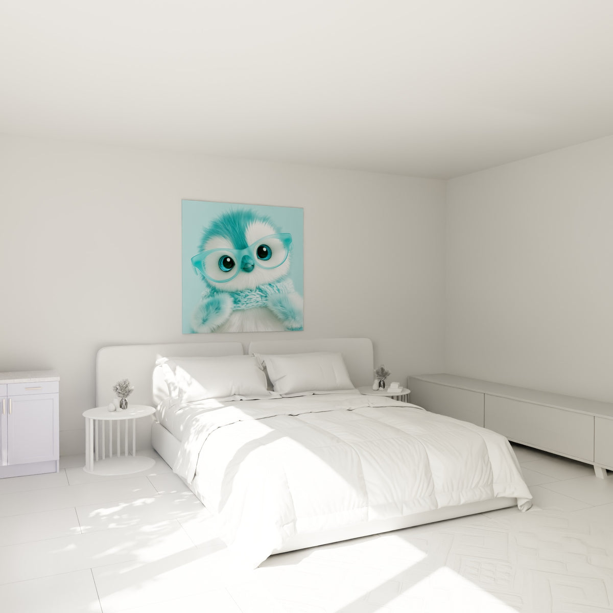 Bébé Pingouin bleu turquoise à grands yeux, écharpe tricotée, au-dessus d'un lit dans une chambre claire