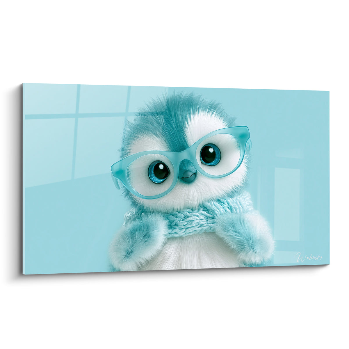 Pingouin bleu pastel et blanc à lunettes turquoise rondes, fourrure duveteuse, fond bleu ciel uni