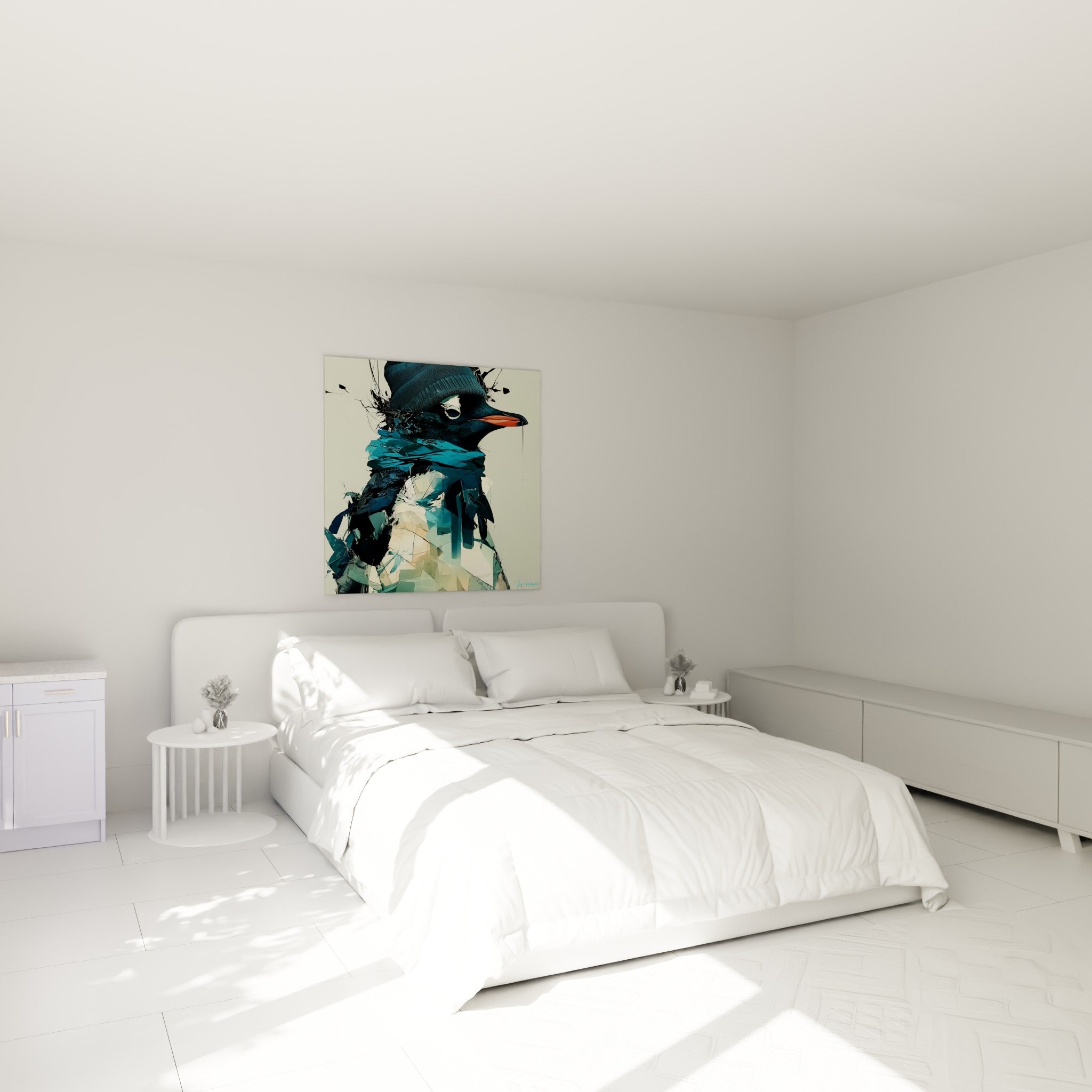 Bonnet noir tricoté sur un pingouin aux teintes bleu pétrole, accroché au-dessus d'un lit dans une chambre claire