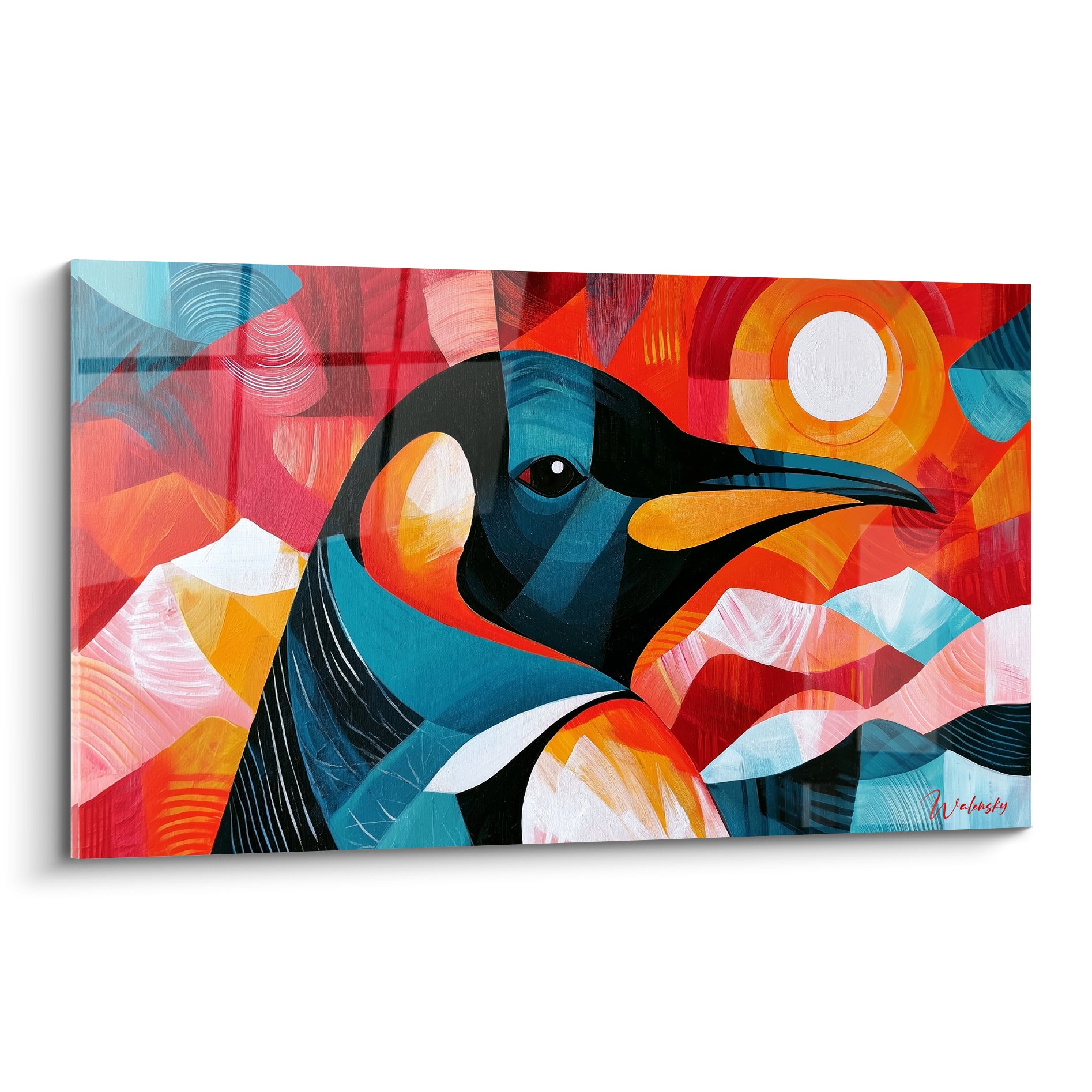 Pingouin en aplats bleu pétrole et rouge écarlate, profil face à un soleil blanc éclatant