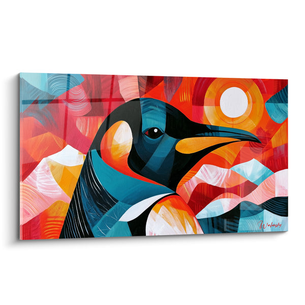 Tableau Pingouin bleu pétrole et rouge écarlate stylisé - Feu polaire - Edition Pingouin