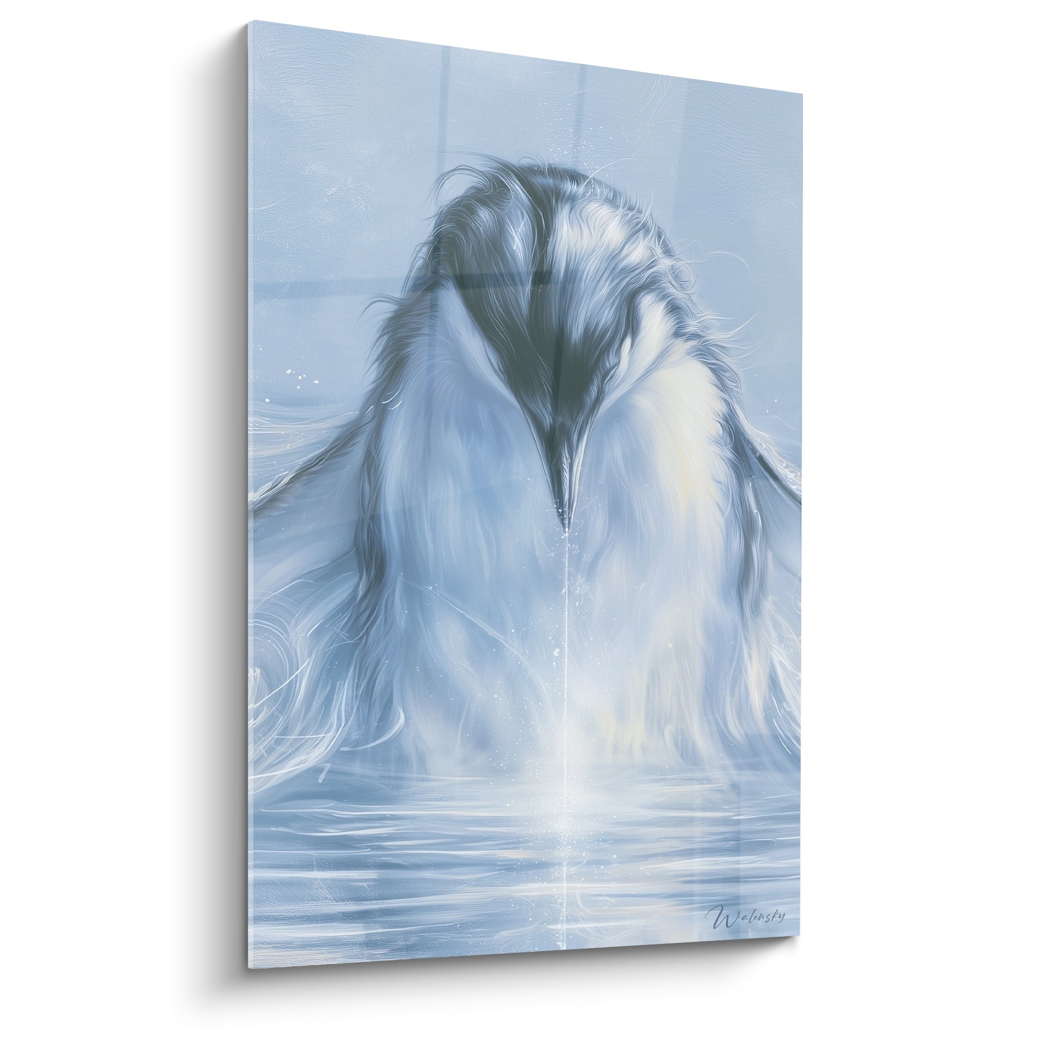 Pingouin tête baissée aux tons bleu poudré et blanc givré, plumage ruisselant d'eau claire
