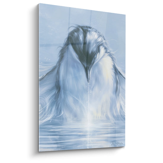 Tableau Pingouin gris et blanc penché vers l'eau - Goutte suspendue au bec - Edition Pingouin
