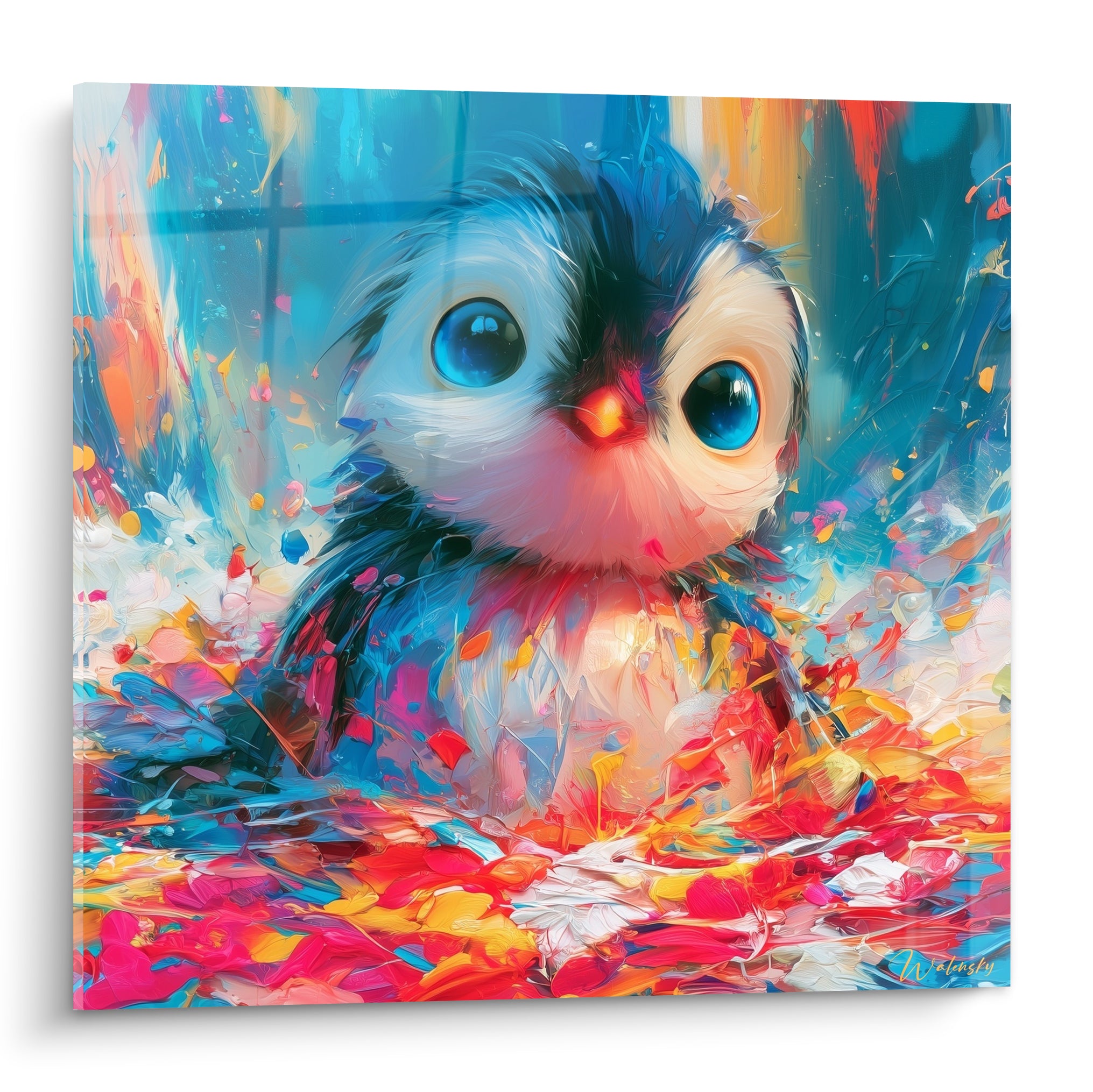 Pingouin aux yeux bleu profond entouré d'éclats rouges et turquoise en peinture expressive