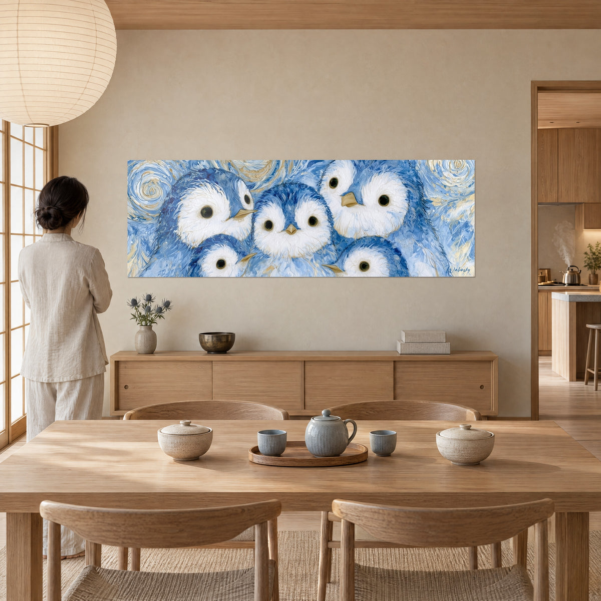 Tableau famille de pingouins en empâtements bleu outremer et blanc nacré, femme de dos, salle à manger japandi en bois clair