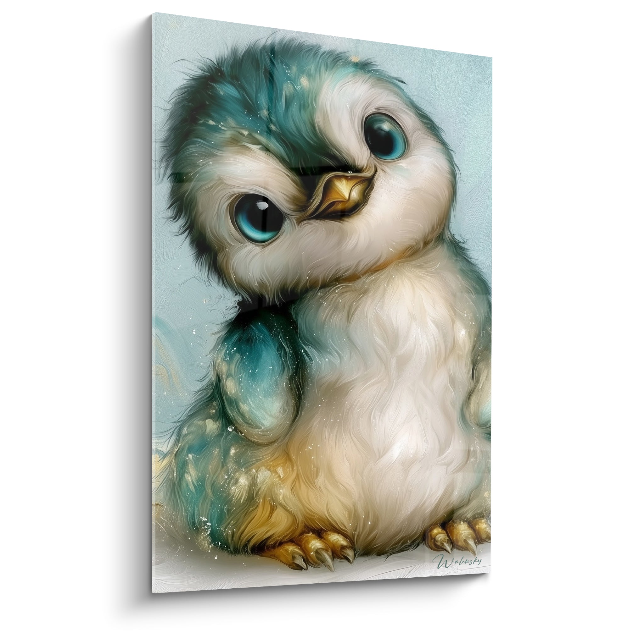Pingouin bébé aux plumes bleu sarcelle et ivoire, bec doré, regard turquoise expressif