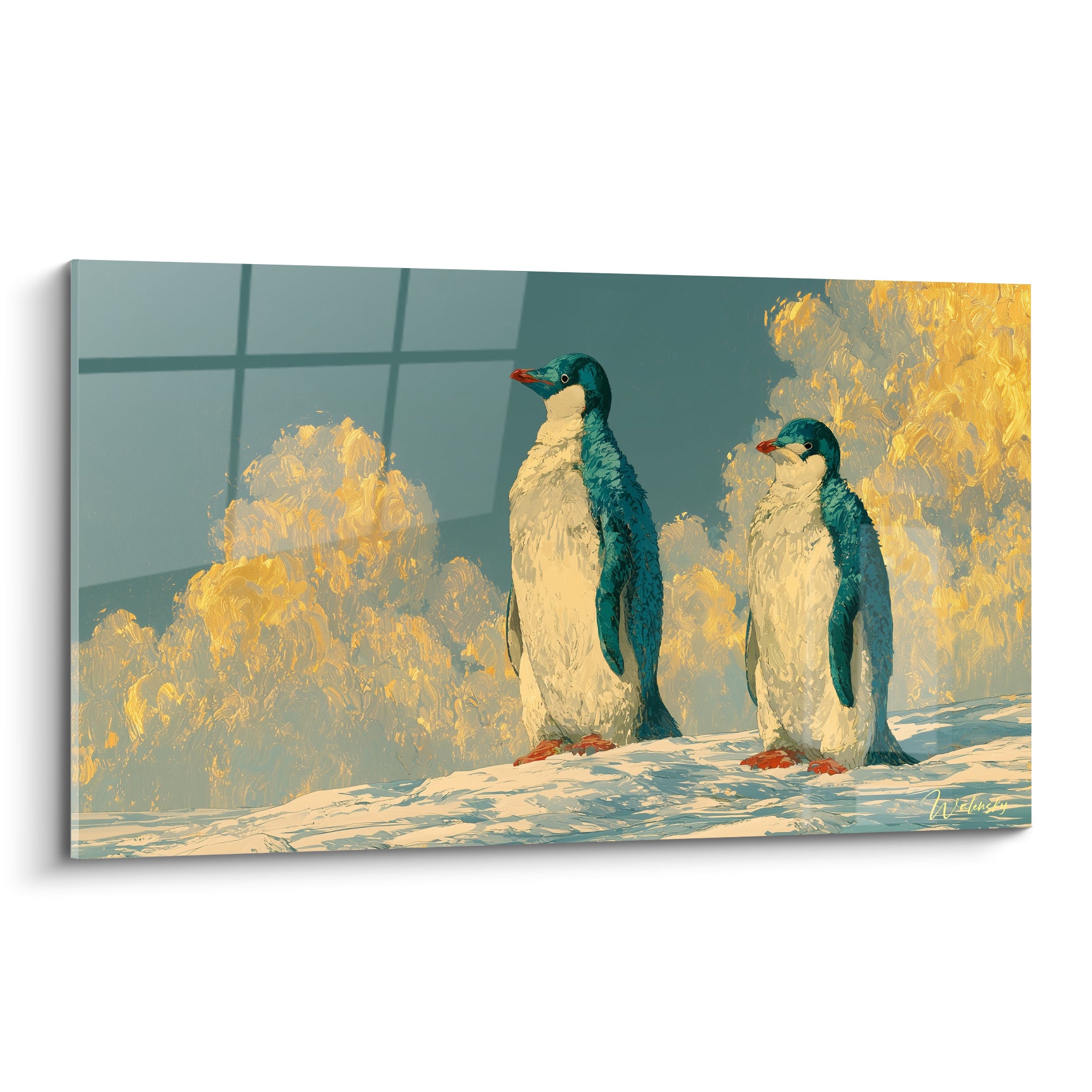 Pingouins bleu sarcelle et doré côte à côte sur la neige, plumage lissé, becs orangés levés vers l'horizon