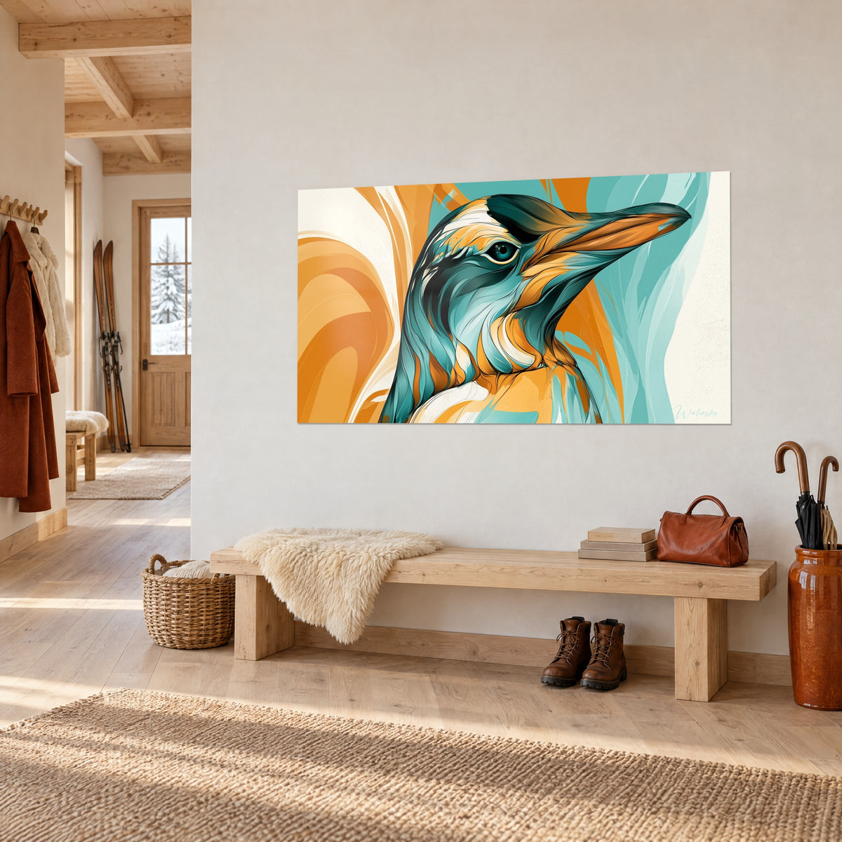 Wall art of a seabird with a long orange beak, duck-blue and white plumage, pale wall above a wooden chalet bench