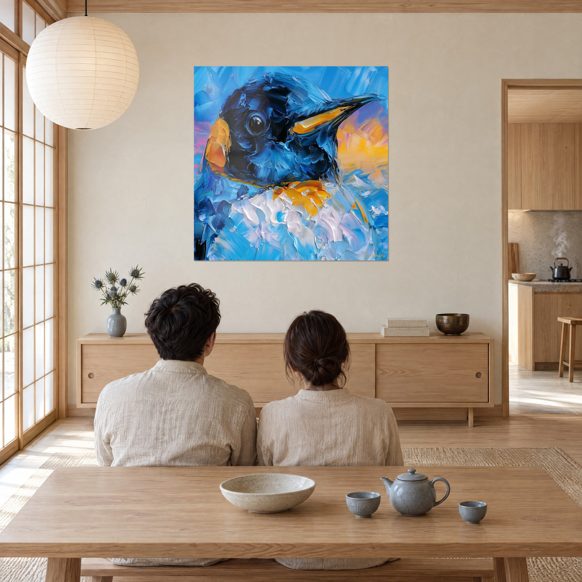 Tableau portrait d'un pingouin bleu électrique, joue orangée et ciel rose doré, face à deux personnes de dos assises à une table basse en bois
