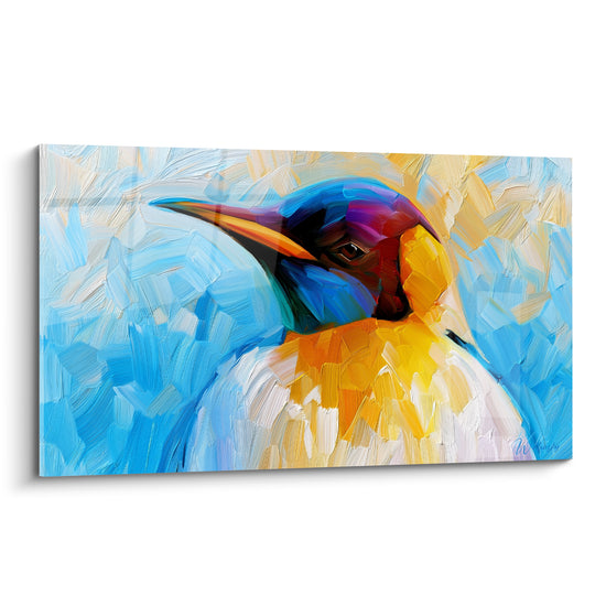 Manchot royal en gros plan, plumage bleu turquoise et orange doré, texture peinte au couteau