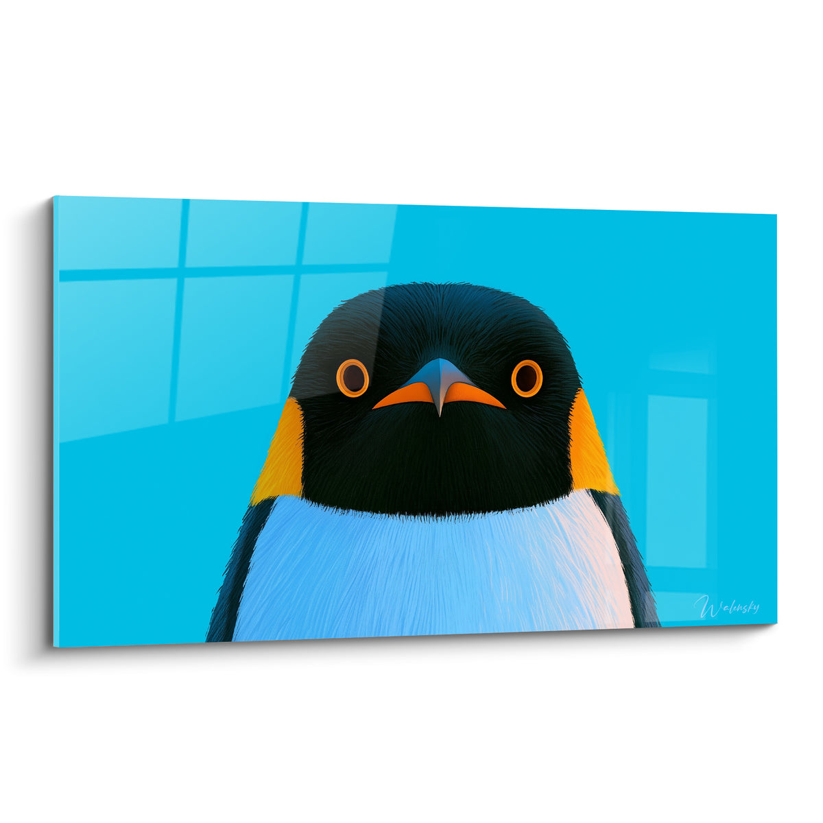 Pingouin au regard orangé et noir intense sur fond bleu turquoise éclatant et graphique