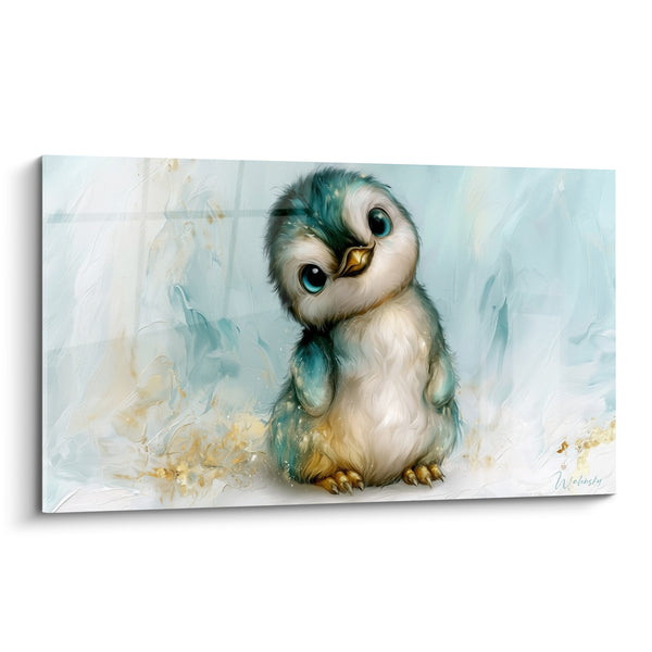 Tableau Bébé pingouin bleu et blanc éclats dorés - Tendresse polaire - Edition Pingouin