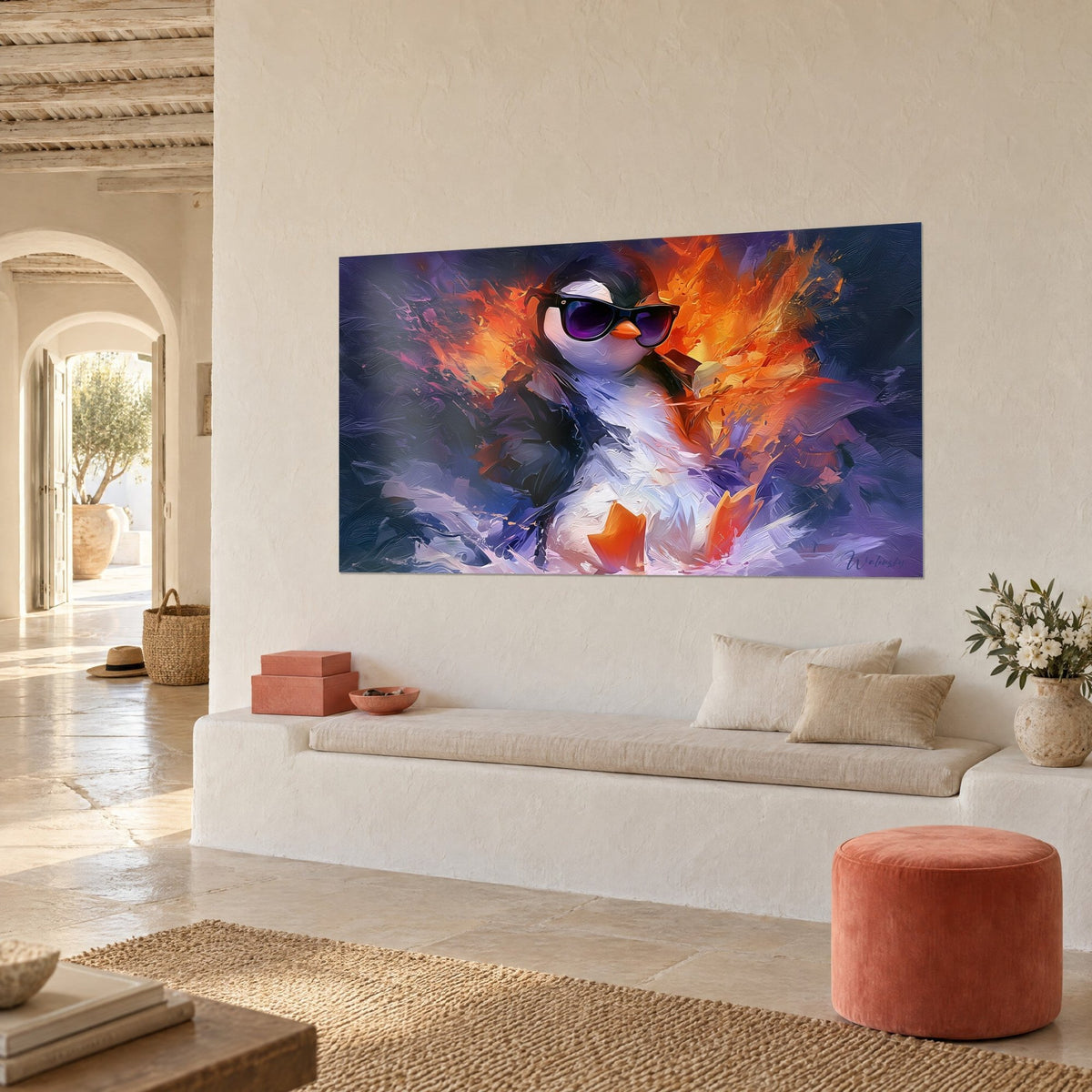 Tableau manchot cool aux verres pourpres, éclaboussures orangées et indigo, sur un mur blanc près d'une banquette en pierre