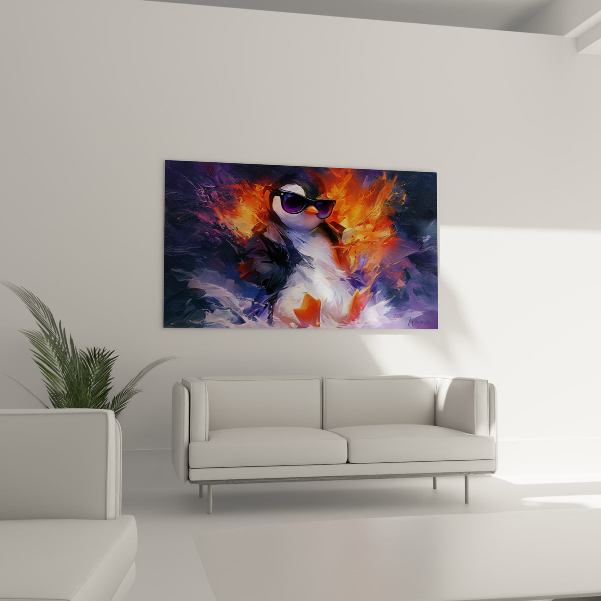 Lunettes noires sur pingouin blanc entouré de flammes orange, au-dessus d'un canapé dans un salon lumineux